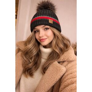 Panache Winter Beanie Pom Pom Hat Black Red Green Stripe Faux Fur
